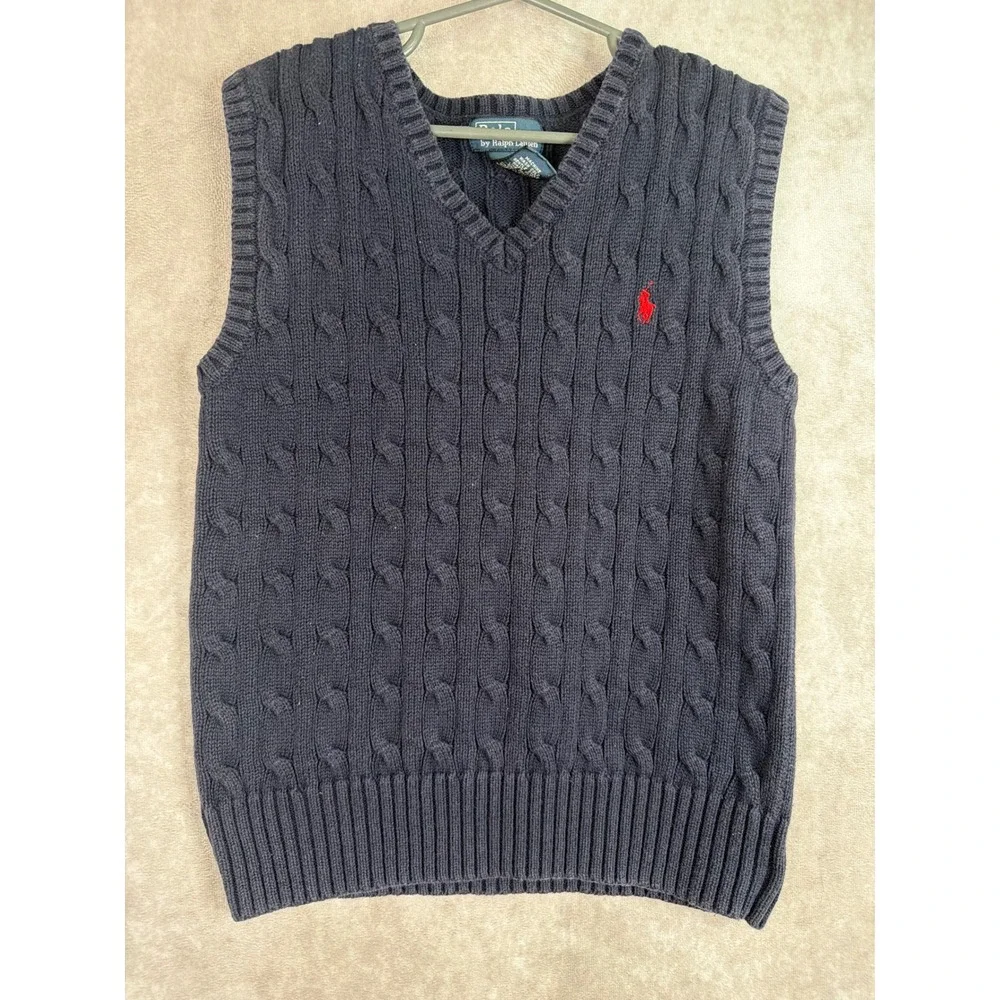 Polo Ralph Lauren Sweater Vest Boys Size 7 Navy Blue Cable Knit V-Neck Cotton